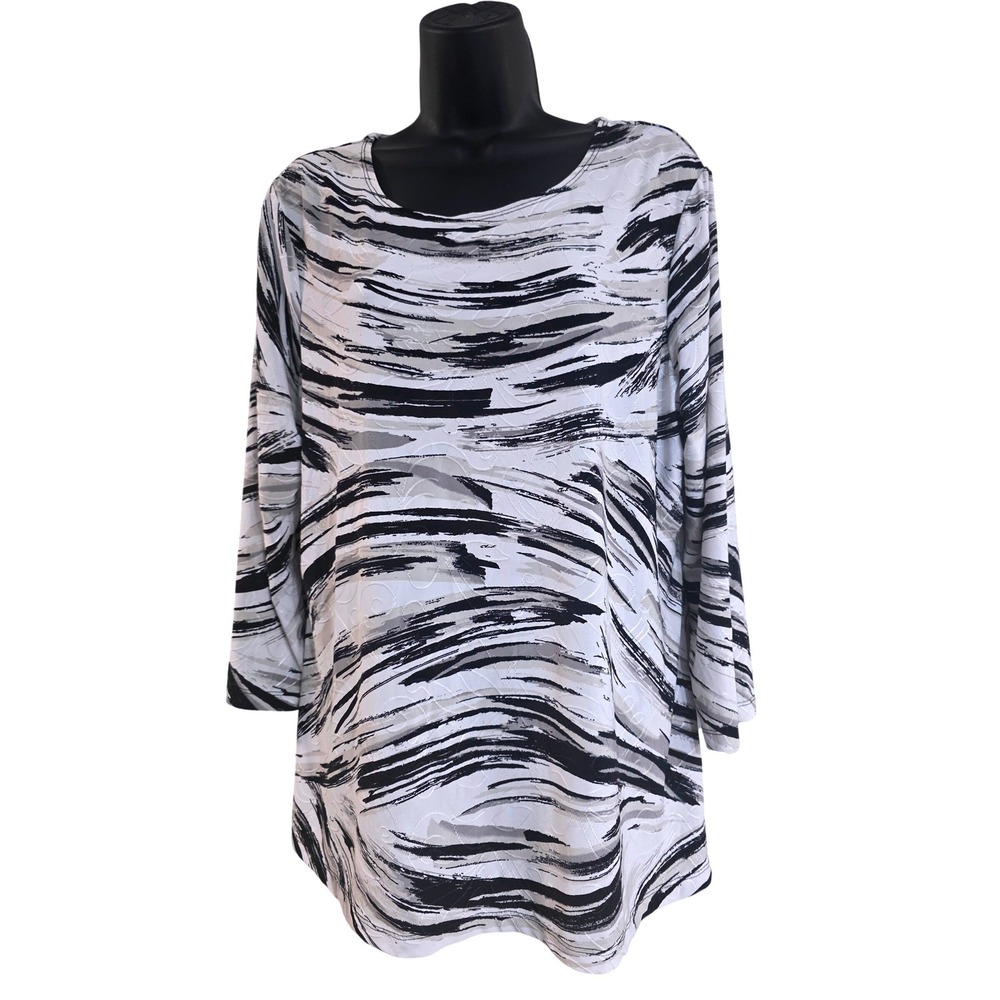 JM‎ Collection Womens Black White Abstract Brushstroke 3/4 Sleeve Top Large L